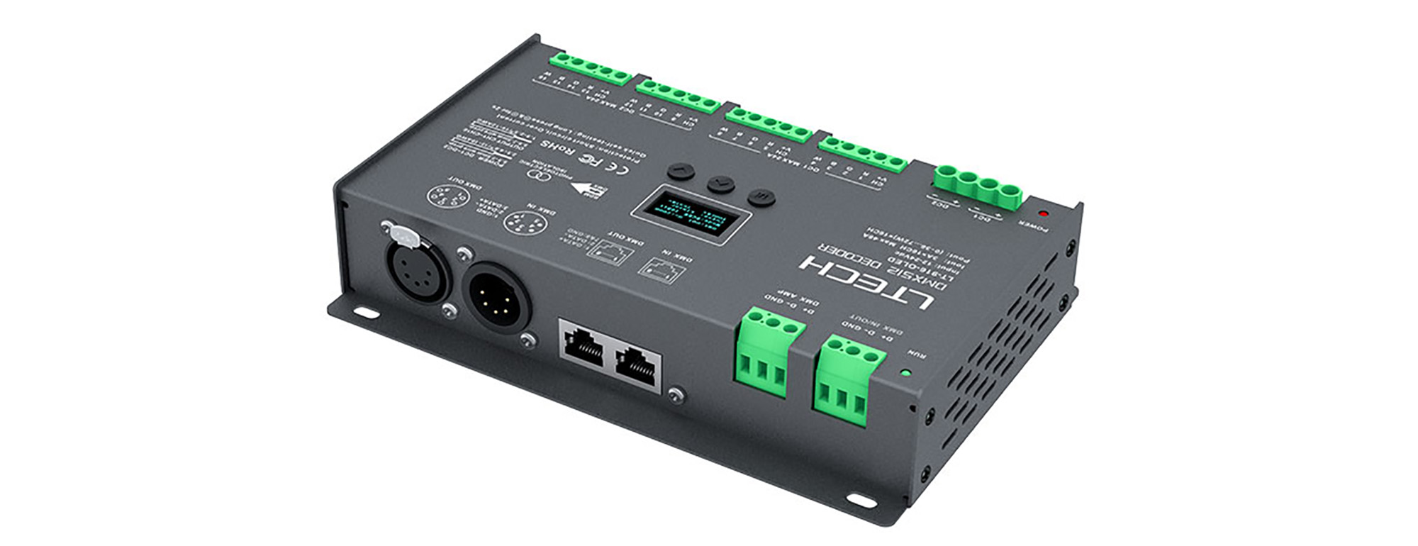 916-OLED  16Ch 3A CV DMX Decoder, 1152W Max.Power, XLR-5 Green Terminal & RJ45 Port, Self testing, DMX512/RDM I/P signal, IP20.